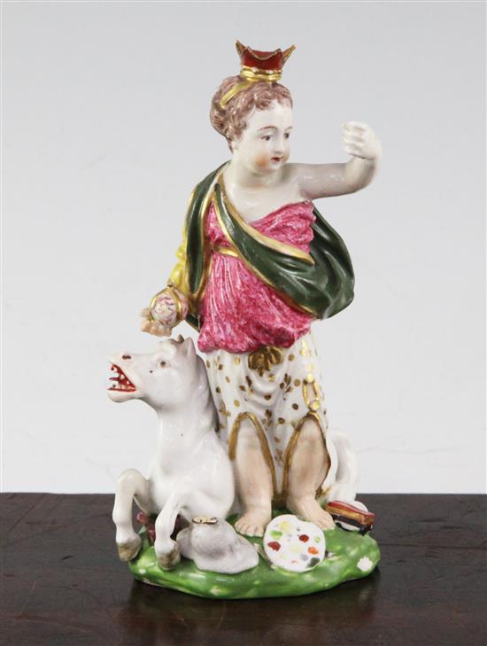 A Derby porcelain group of Britannia, late 18th century, 13.8cm, restorations, lacking trident